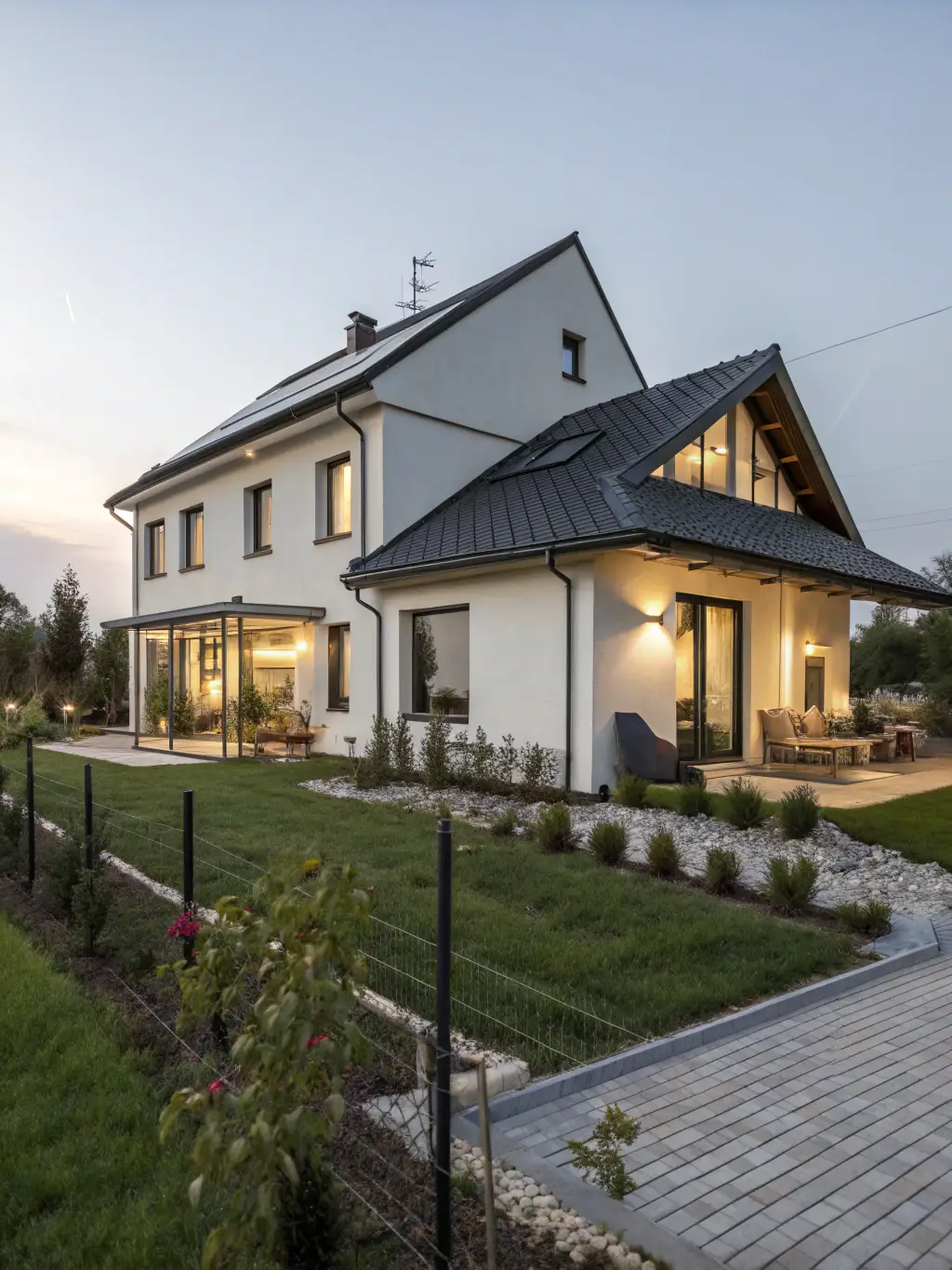 A newly constructed home in Pápa, Hungary, featuring Épkő-design Kft.'s modern facade thermal insulation, showcasing a clean, energy-efficient design.