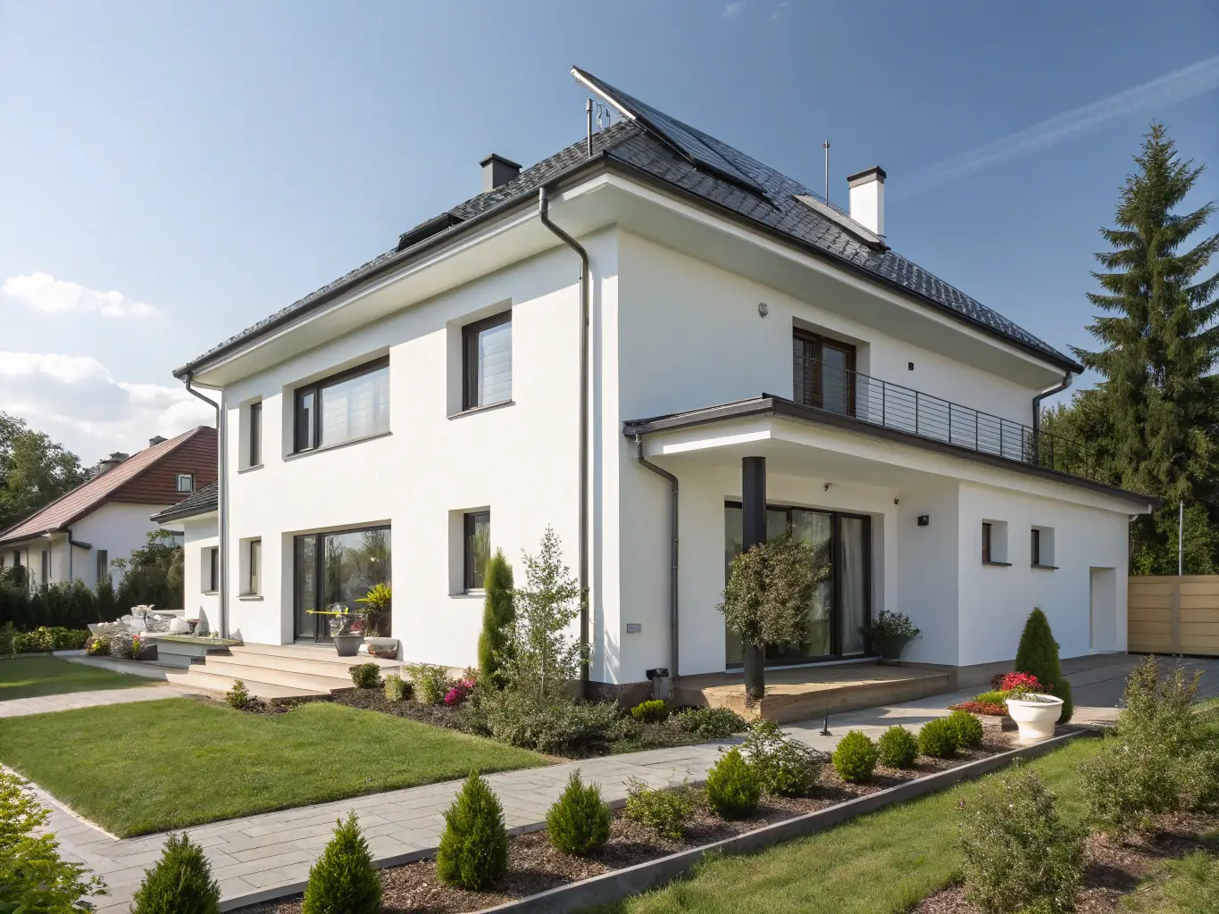 A modern home showcasing the sleek and clean finish achieved through Épkő-design Kft.'s thermal insulation services, emphasizing the aesthetic appeal and energy efficiency.