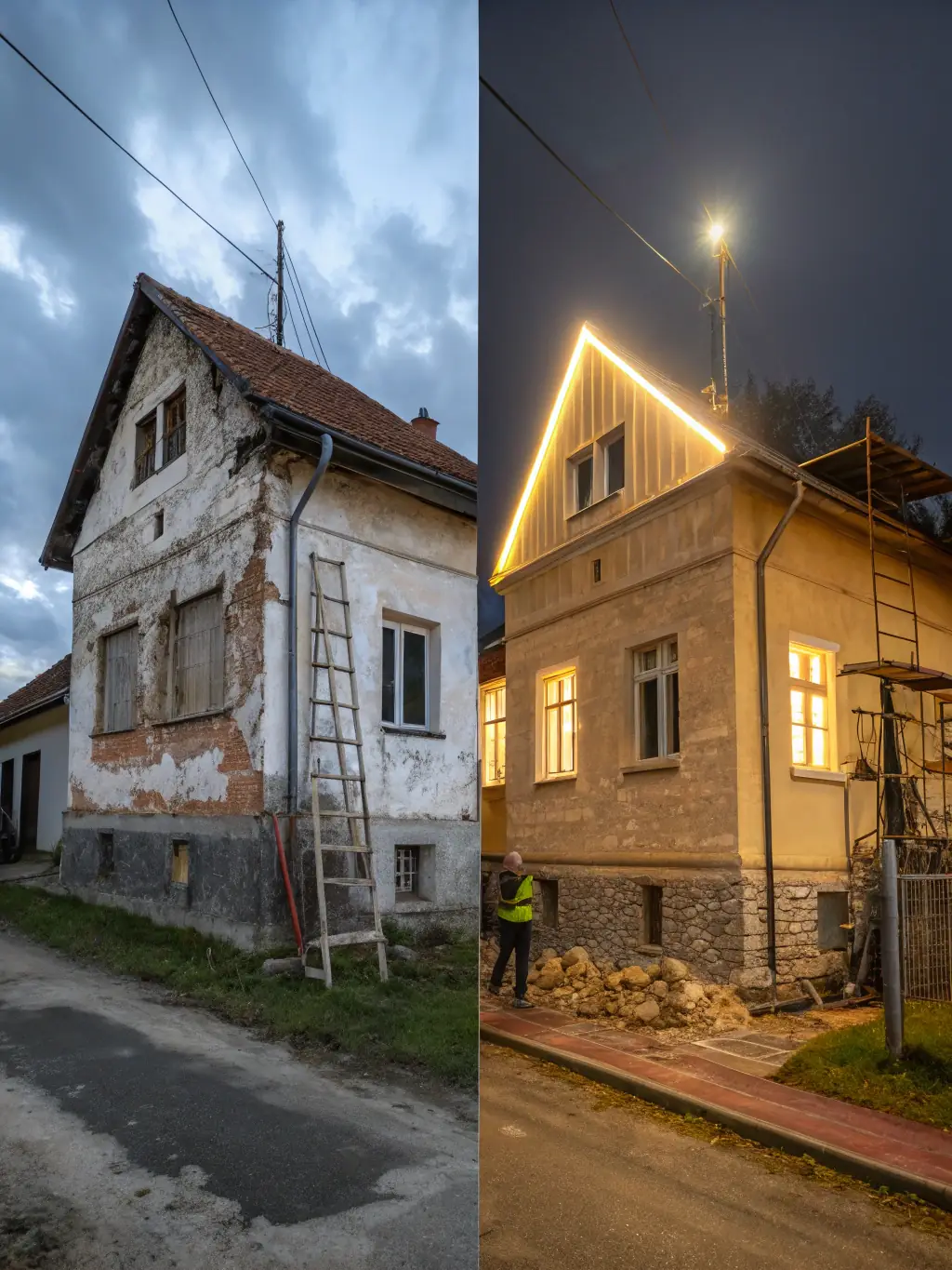 A before-and-after image of a home in Pápa undergoing facade renovation with Épkő-design Kft.'s thermal insulation, highlighting the aesthetic transformation.