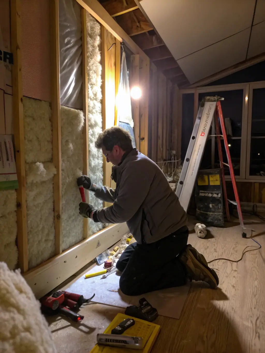 Close-up shot of Épkő-design Kft.'s team applying high-quality insulation material to a building facade, demonstrating their meticulous workmanship.